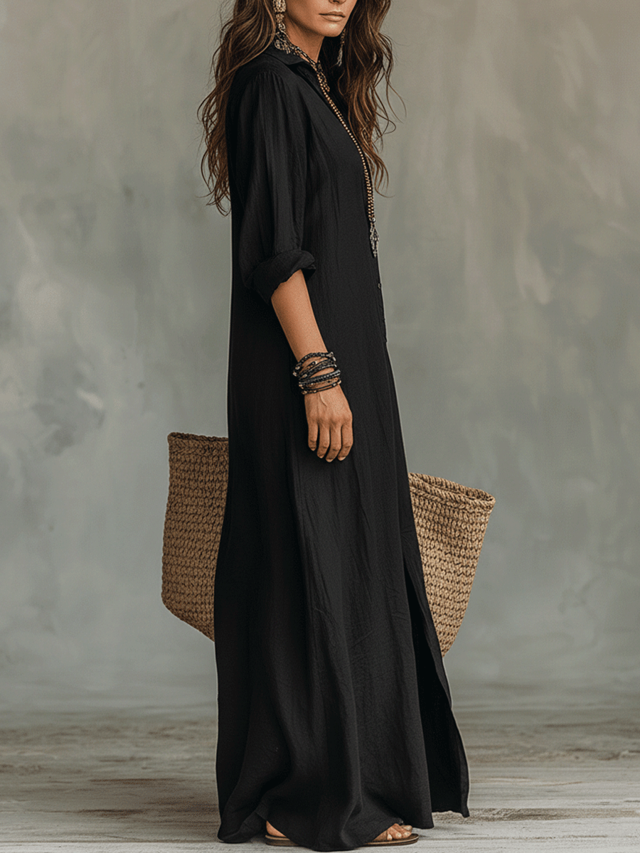 Robe Chemise Maxi Bohème Boutonnée Noire