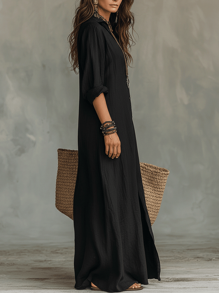 Robe Chemise Maxi Bohème Boutonnée Noire