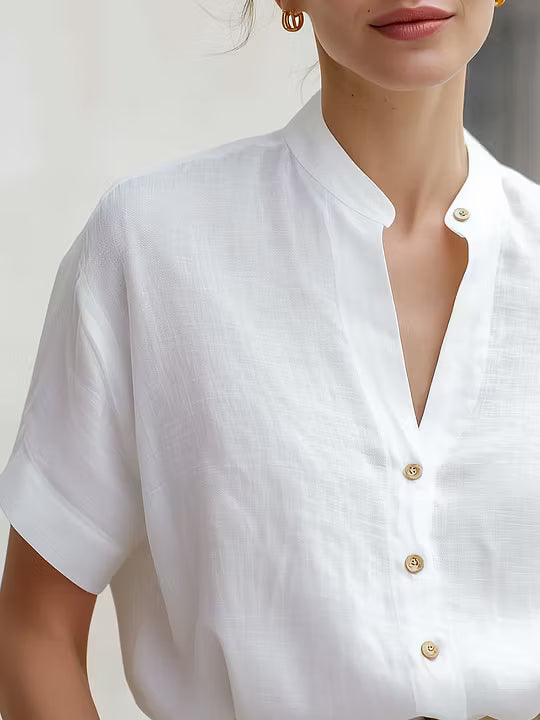 White Linen-Blend Stand Collar Short-Sleeve Blouse