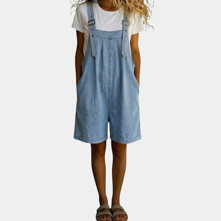 Clara | Salopette en Denim Effet Vintage Lavé Bleu Clair