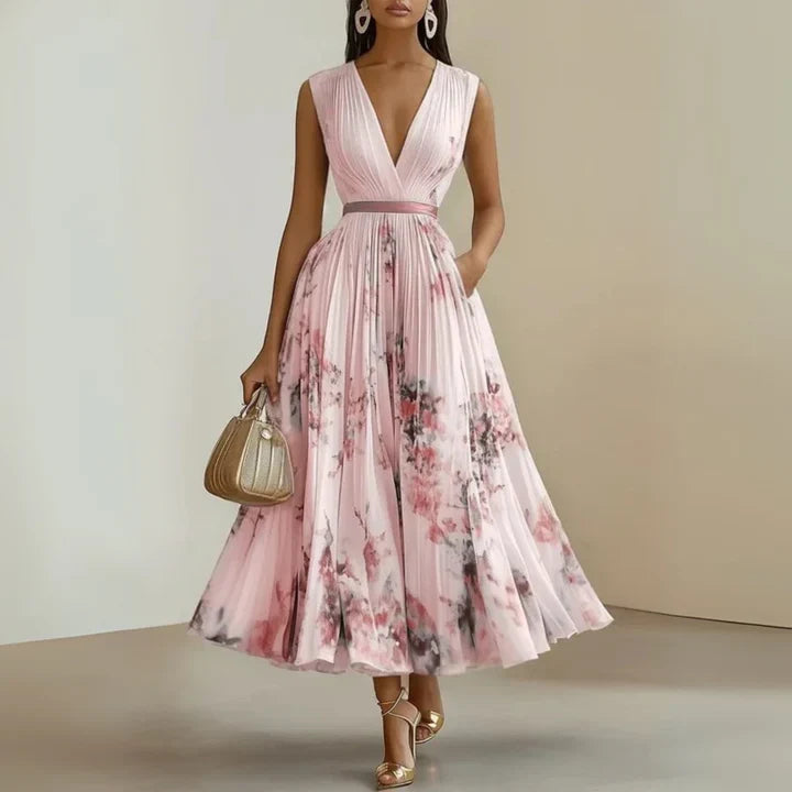 Amelia | Pleated Floral Chiffon Maxi Dress