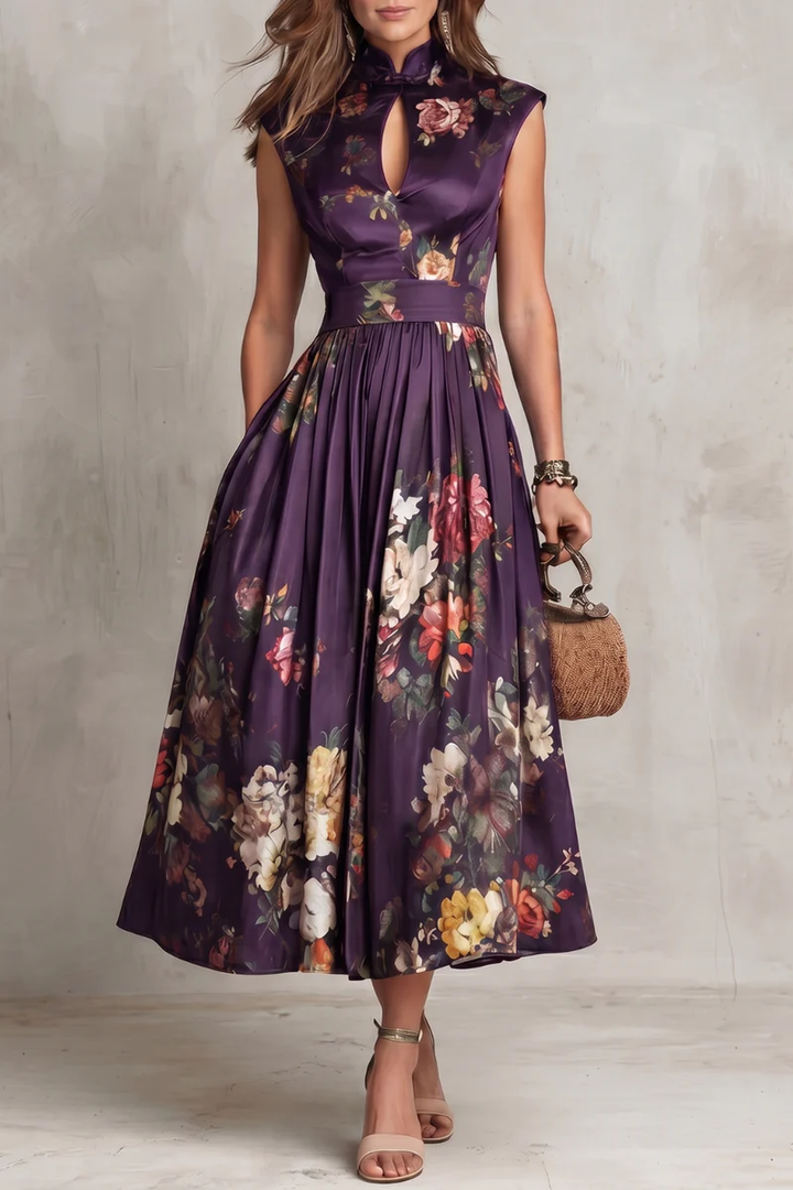 Black Keyhole Collar Floral Pleated Satin Midi Dress