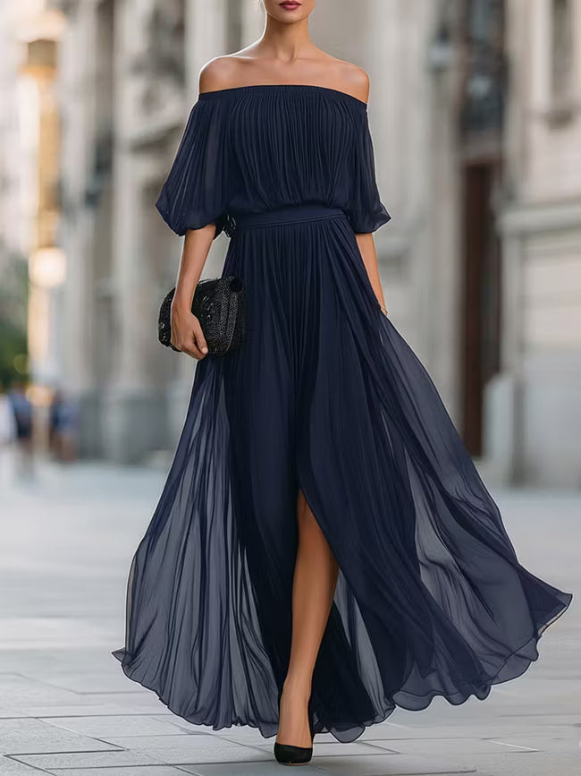Victoria | Off-Shoulder Pleated Chiffon Maxi Dress