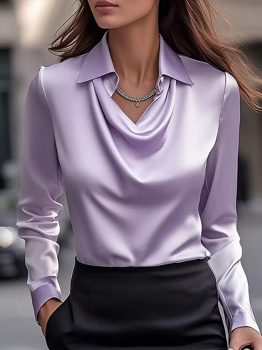 Adriana - Elegant White Satin Blouse with Draped Neckline