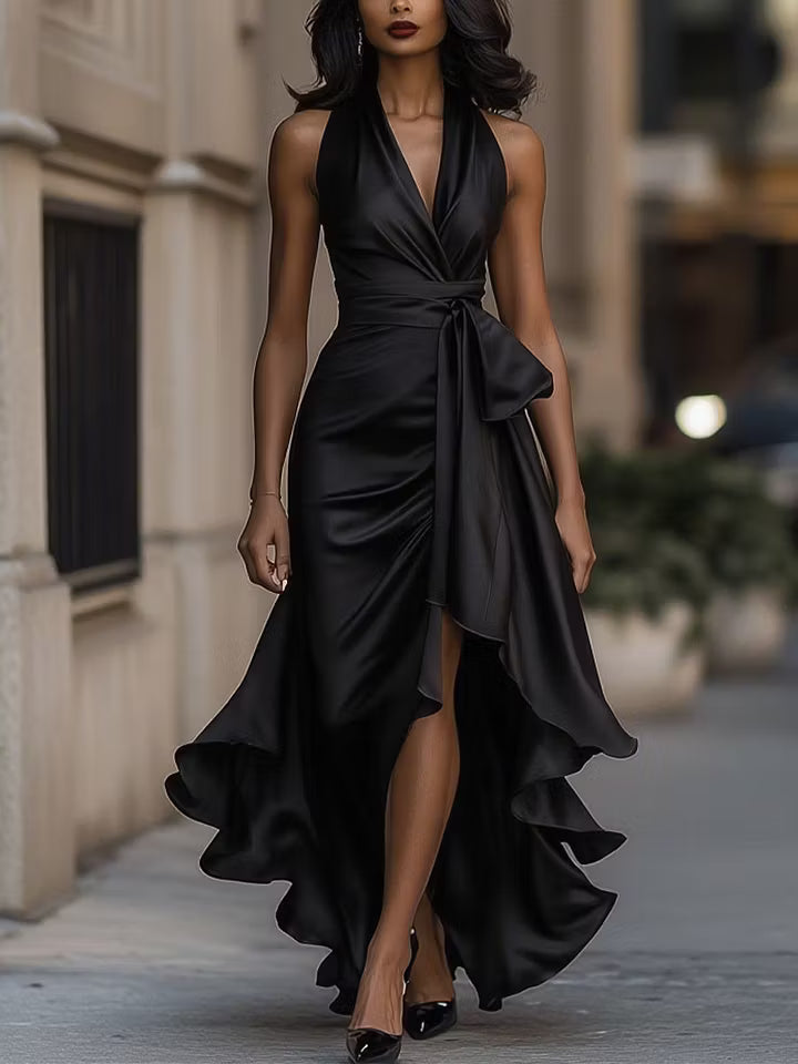 Scarlett | Satin Halter Ruffle Gown