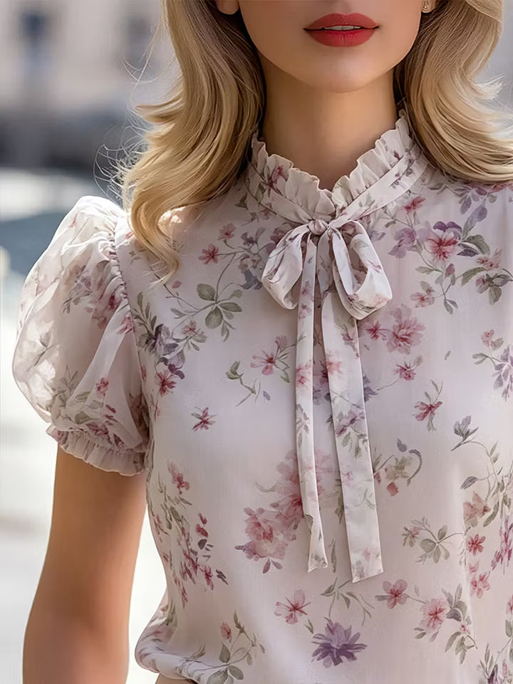 Floral Puff Sleeve Tie-Neck Chiffon Blouse