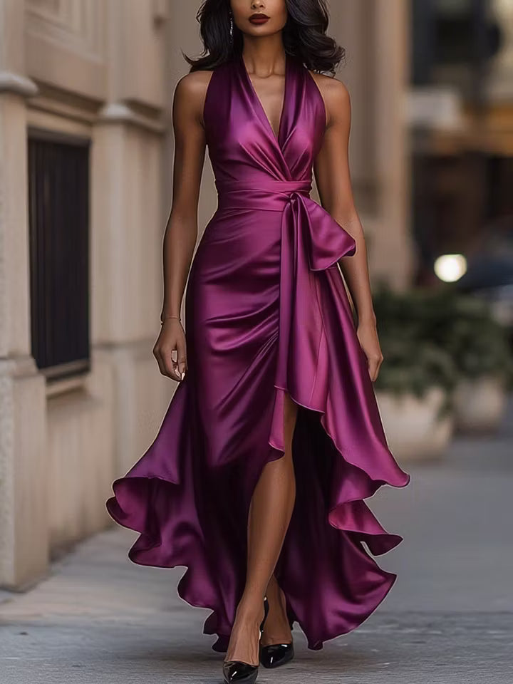 Scarlett | Satin Halter Ruffle Gown