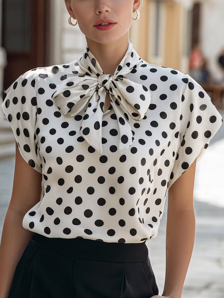 Satin Polka Dot Bow Tie Neck Short Sleeve Blouse