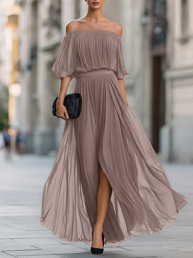 Victoria | Off-Shoulder Pleated Chiffon Maxi Dress