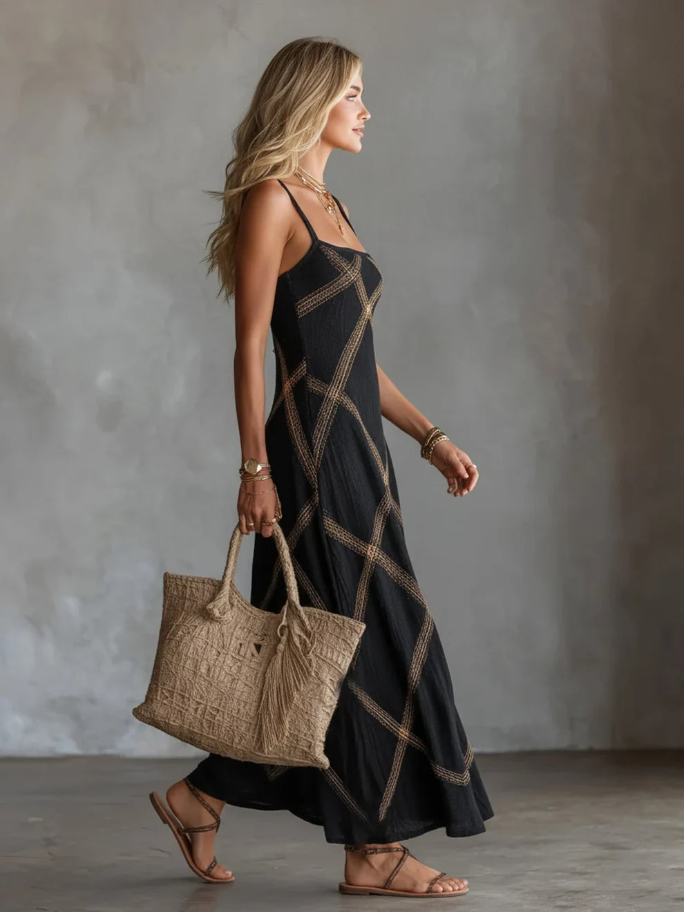 Melisa Robe Maxi Géométrique Encolure Carrée