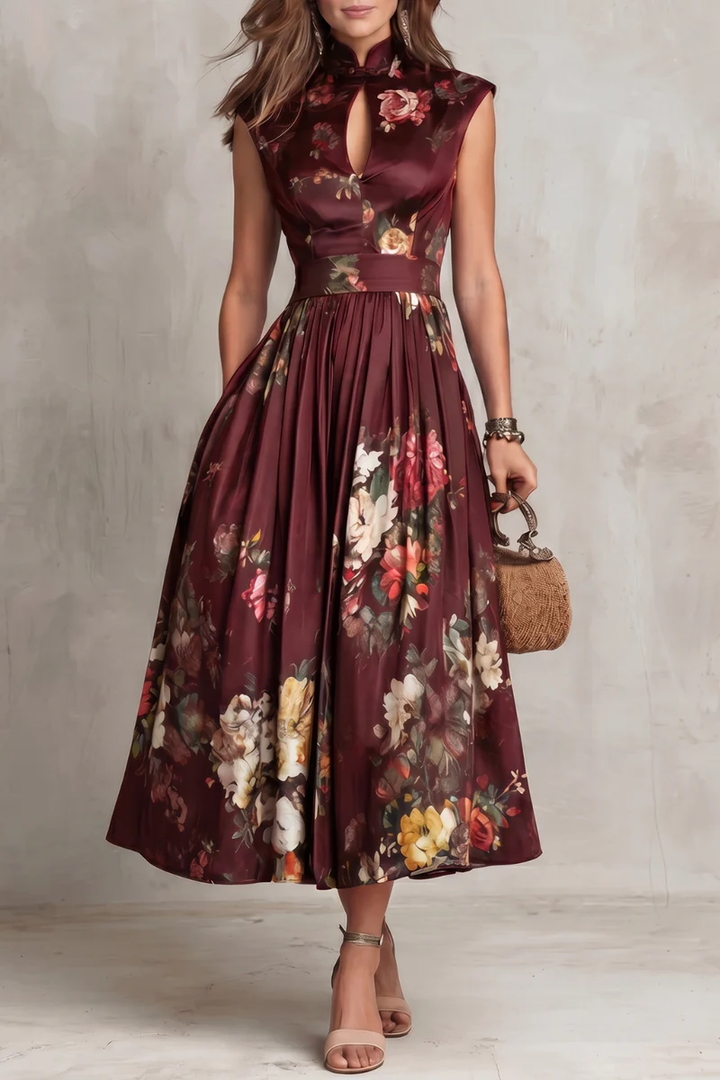 Black Keyhole Collar Floral Pleated Satin Midi Dress