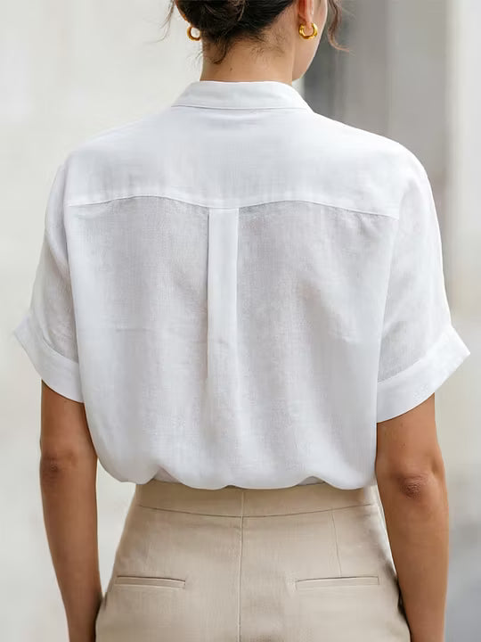 White Linen-Blend Stand Collar Short-Sleeve Blouse