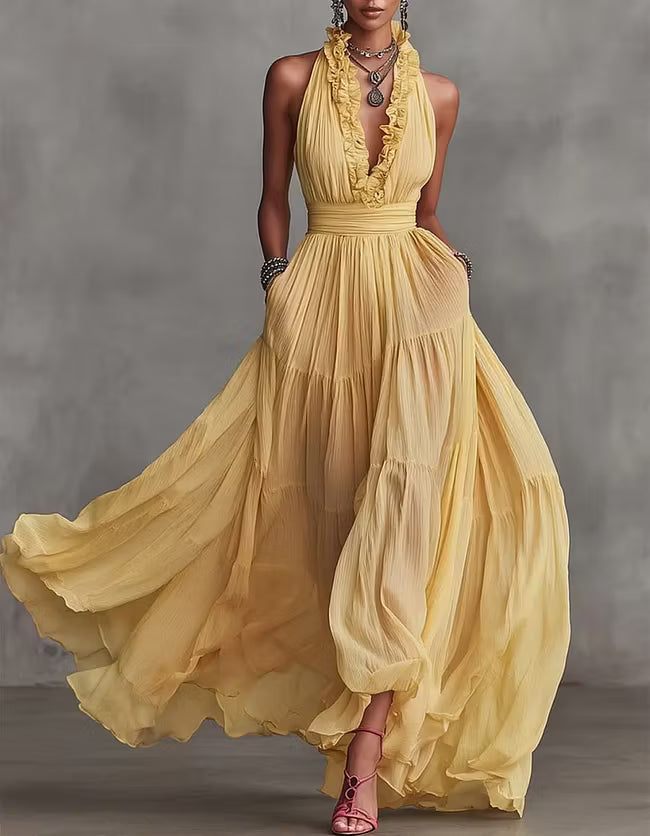 Isabella | Halter Pleated Maxi Dress