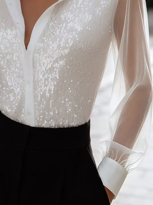 Sequin Embellished Sheer Sleeve Button-Front Blouse