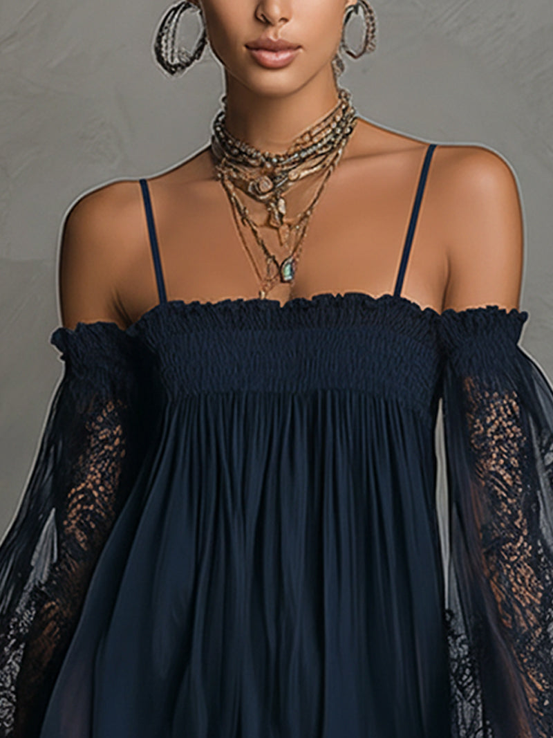 Noemi™ | Robe Trapèze Courte en Dentelle Chiffon Bleu Marine
