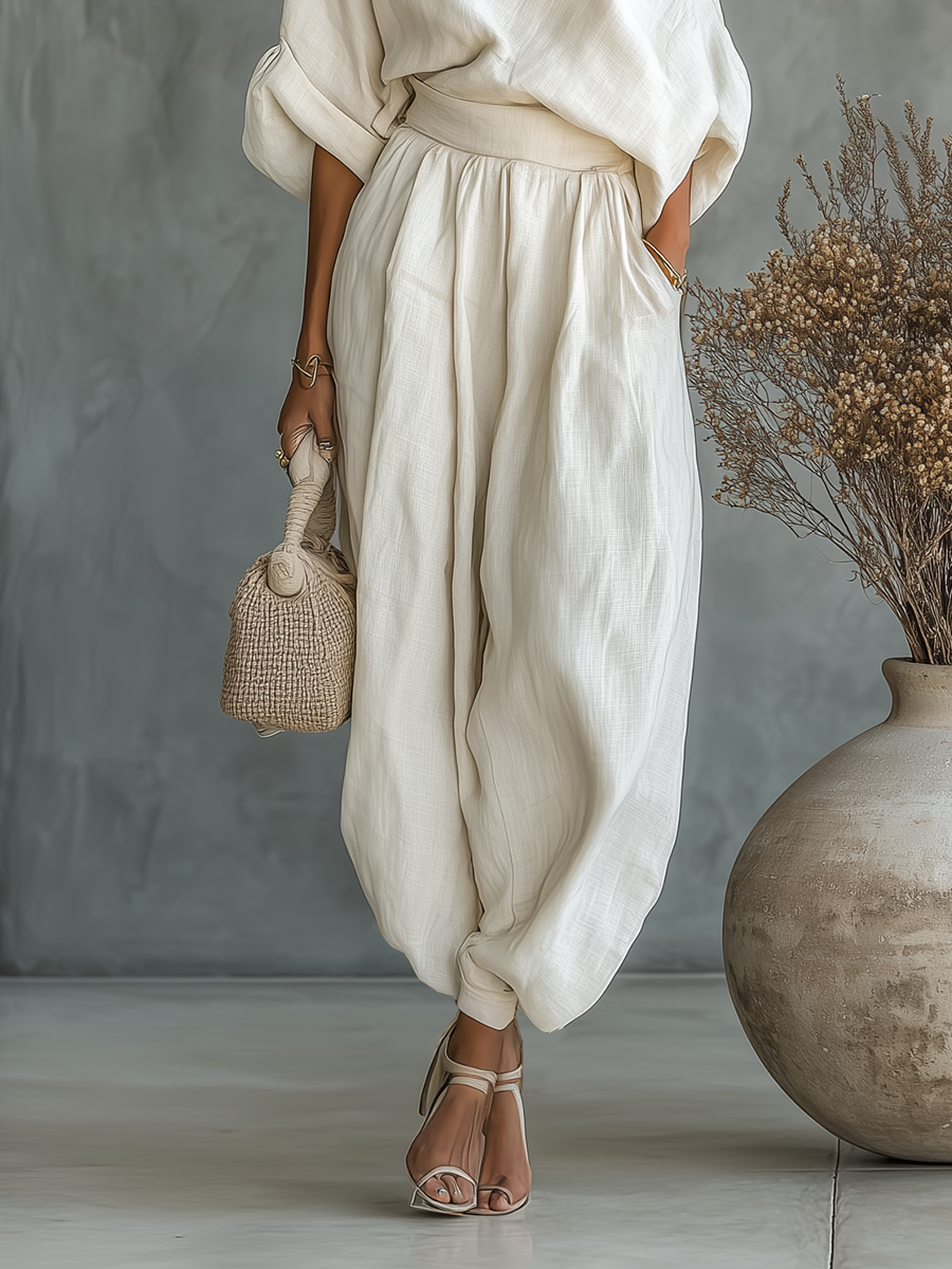 Women's Off-White Linen Set with Off-Shoulder Top and Tapered Pants