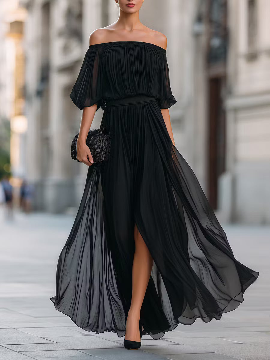Victoria | Off-Shoulder Pleated Chiffon Maxi Dress