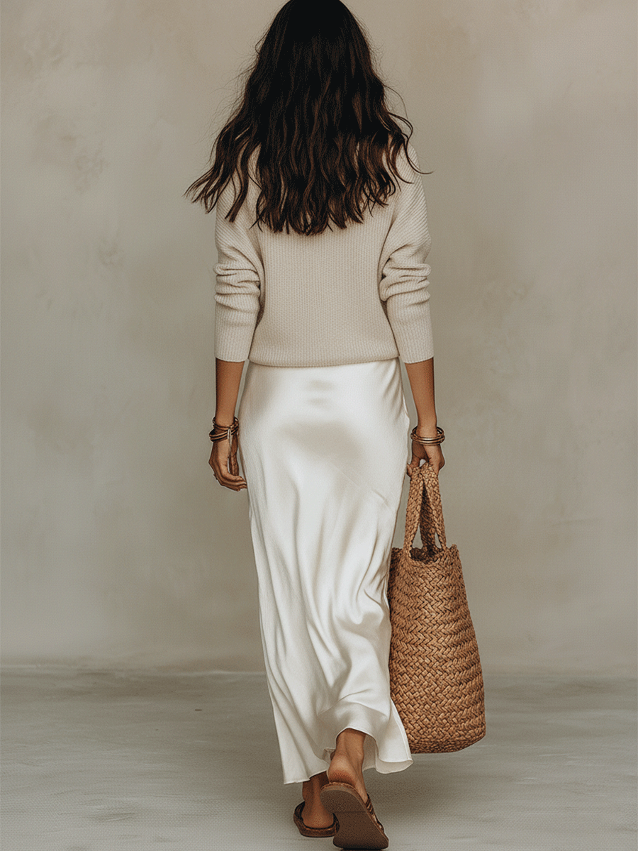 Ensemble Midi Ivoire Sans Effort en Tricot et Satin