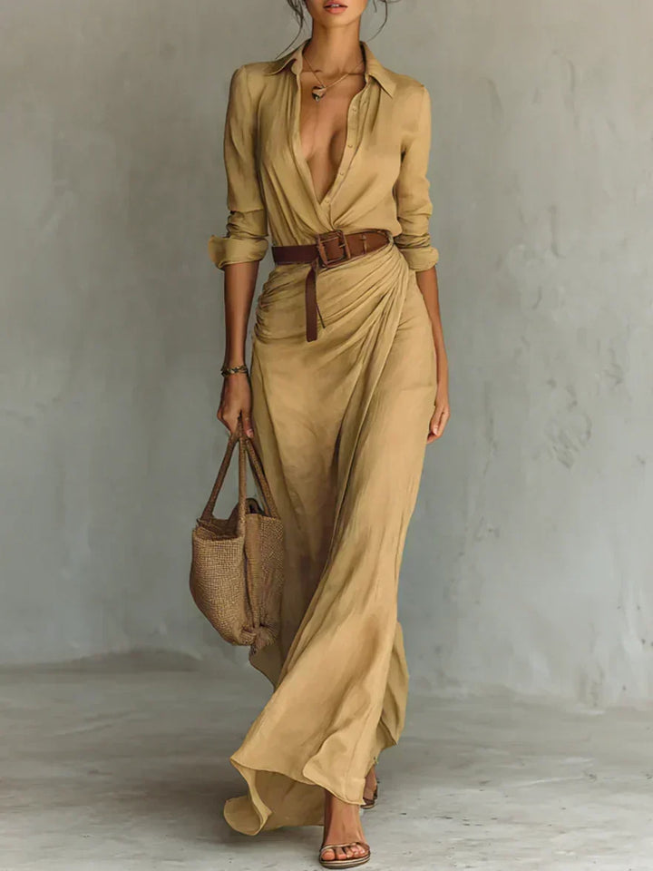 Jana Robe Maxi avec Col Chemise et Ceinture à la Taille