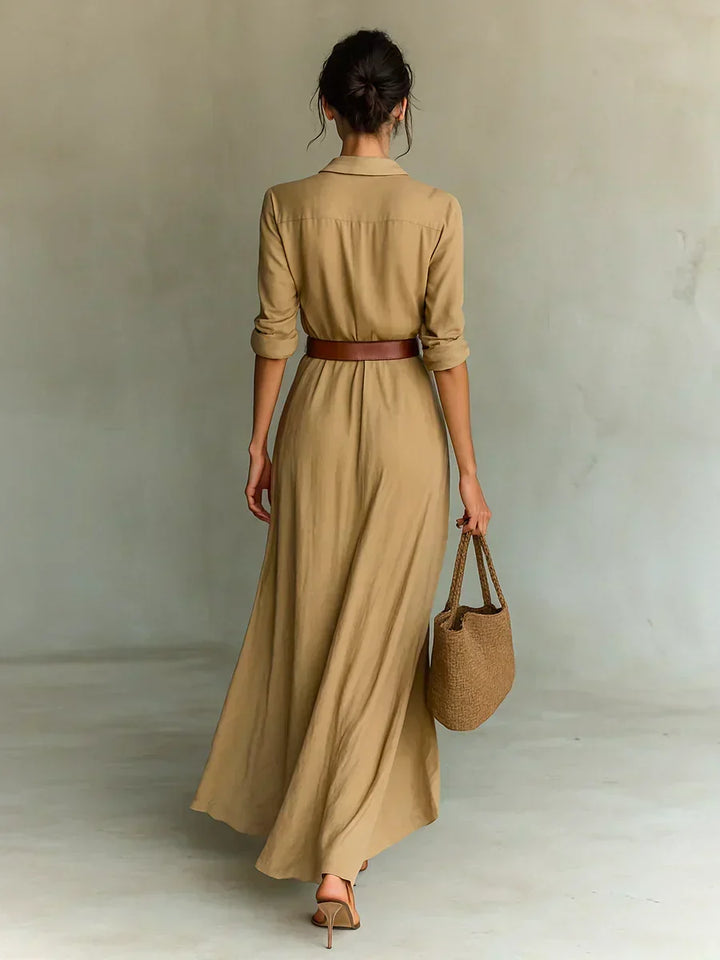 Jana Robe Maxi avec Col Chemise et Ceinture à la Taille