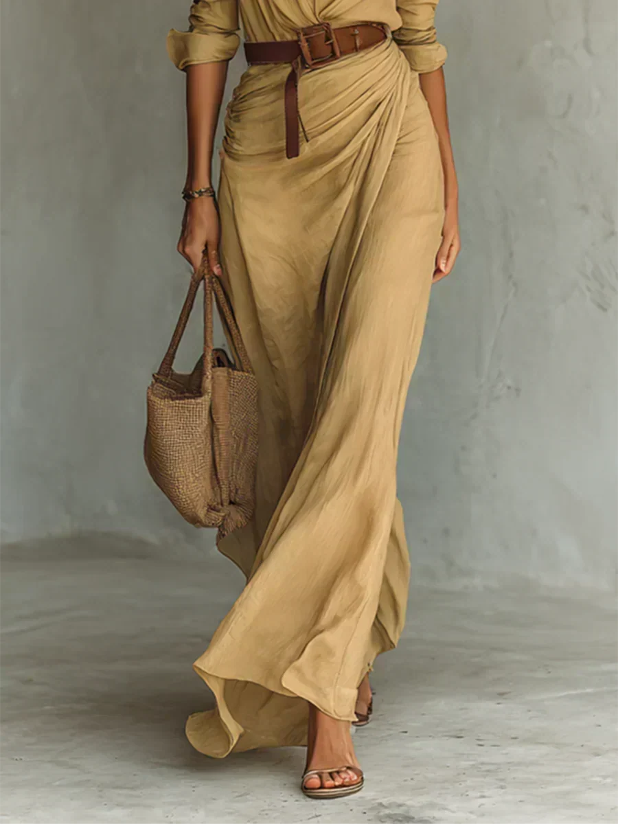 Jana Robe Maxi avec Col Chemise et Ceinture à la Taille