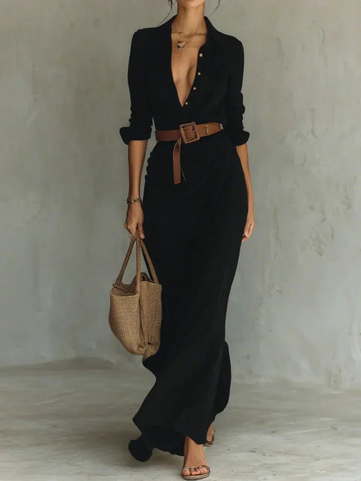Jana Robe Maxi avec Col Chemise et Ceinture à la Taille