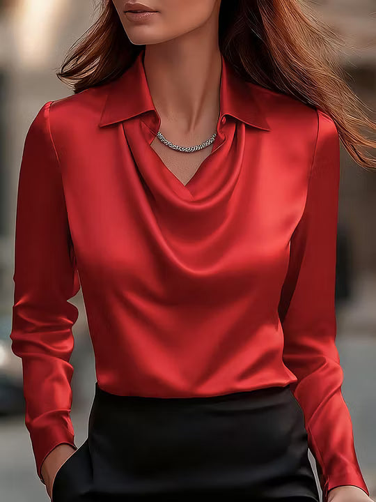 Adriana - Elegant White Satin Blouse with Draped Neckline