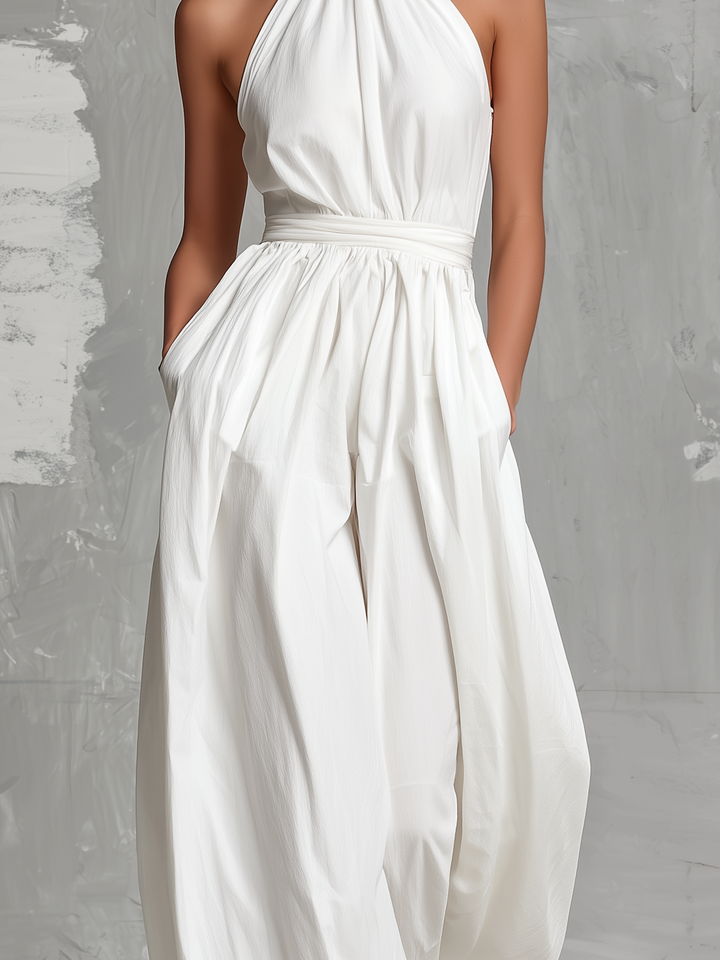 Zoltán | Elegant white woven sleeveless halter-neck jumpsuit