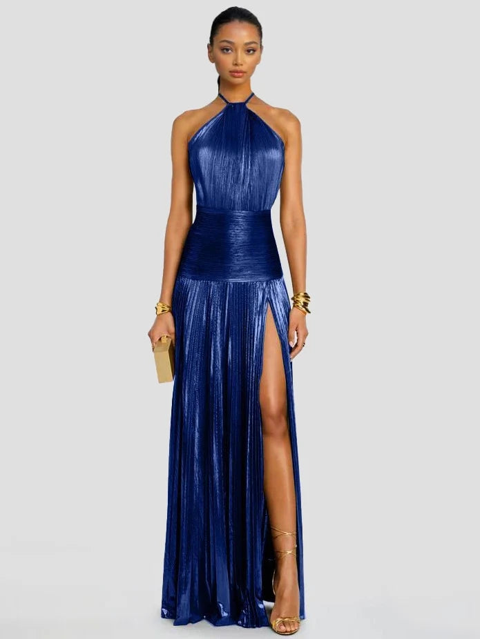 Elegant Metallic Pleated Halter Neck Maxi Dress