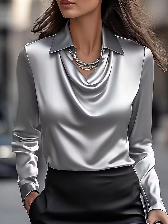 Adriana - Elegant White Satin Blouse with Draped Neckline