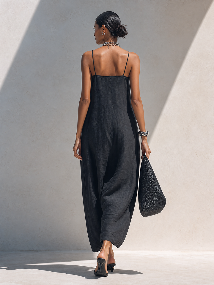Minimalist Black Maxi Dress with Spaghetti Straps and Ruched Neckline
