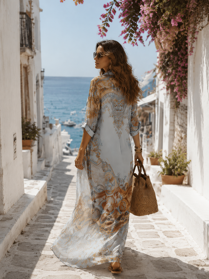 Robe Maxi Chiffon Floral Baroque Bleu