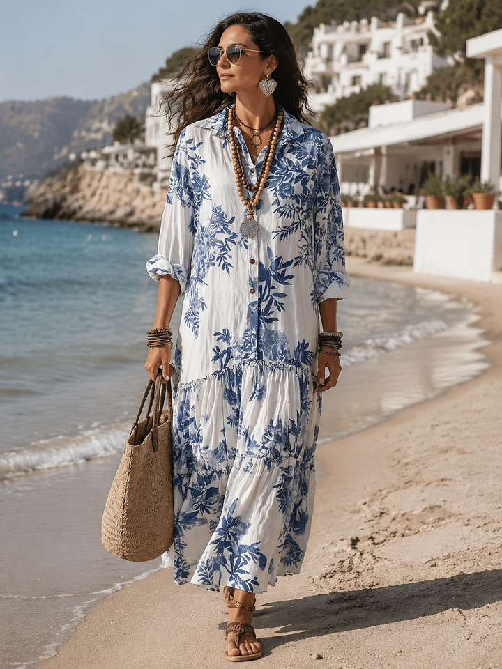 Robe Maxi Bohème Bleu à Fleurs avec Boutons