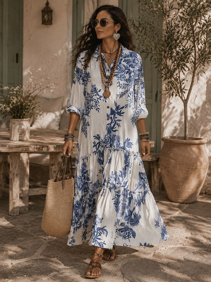 Robe Maxi Bohème Bleu à Fleurs avec Boutons