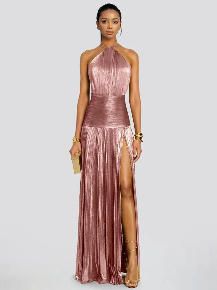 Elegant Metallic Pleated Halter Neck Maxi Dress