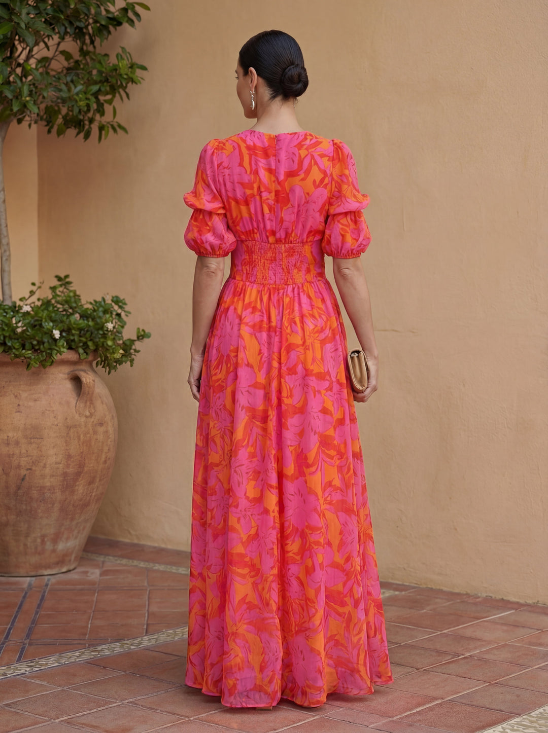 Robe Maxi Florale avec Manches Ballon et Décolleté V