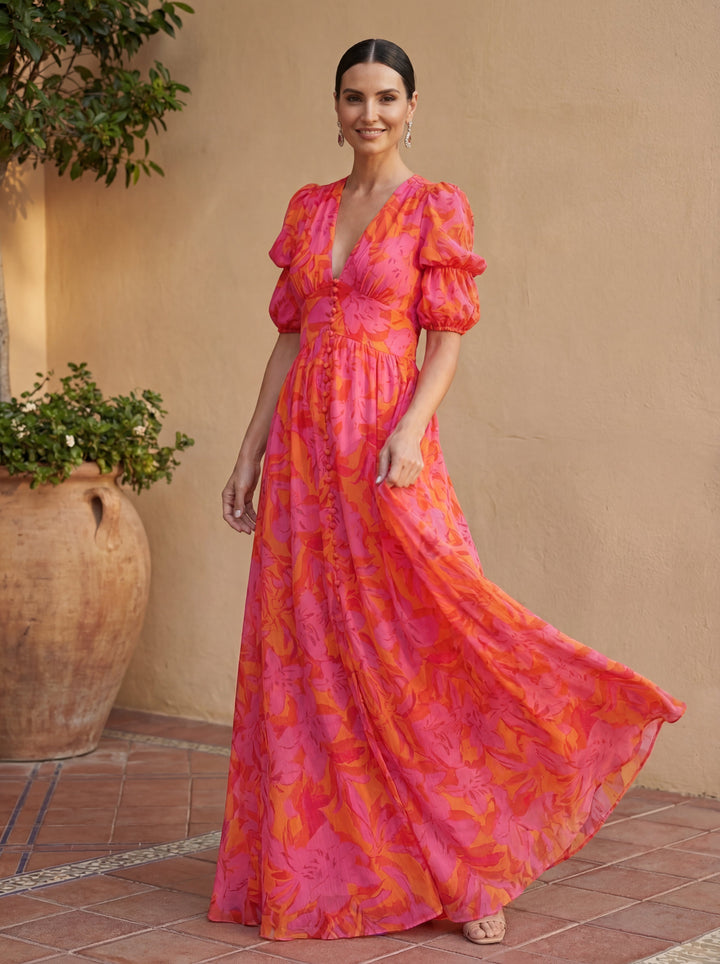 Robe Maxi Florale avec Manches Ballon et Décolleté V