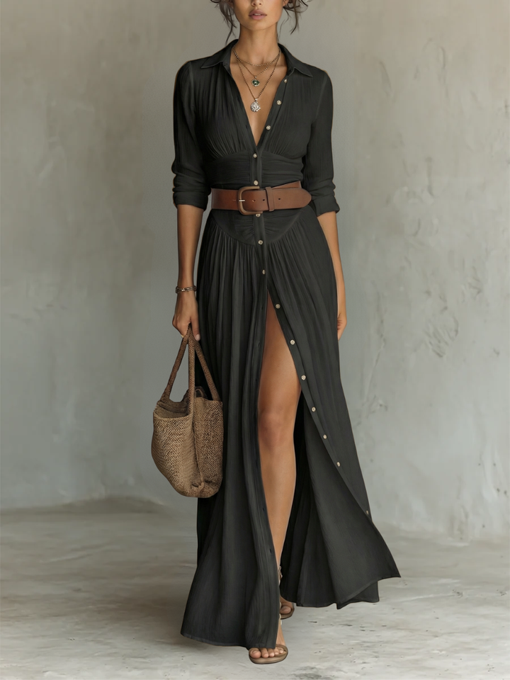 Long Maxi Dress with Notched Collar and Long Sleeves for Women