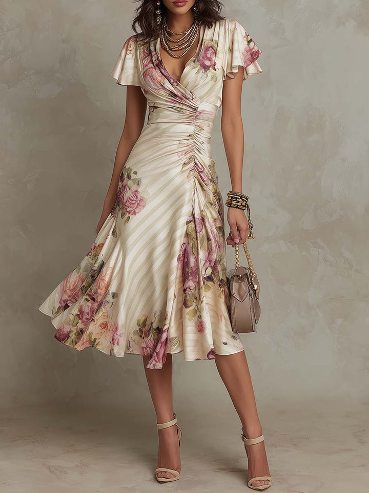 Alba | Elegant Floral Ruched Wrap Midi Dress