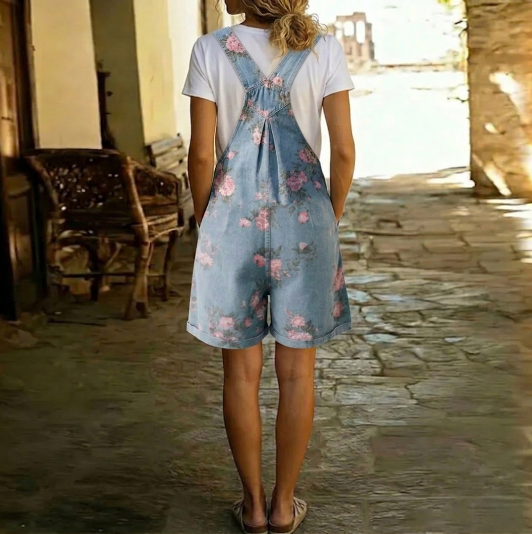 Judy | Jean Denim Lavé Vintage avec Sensation Douce Salopette Florale