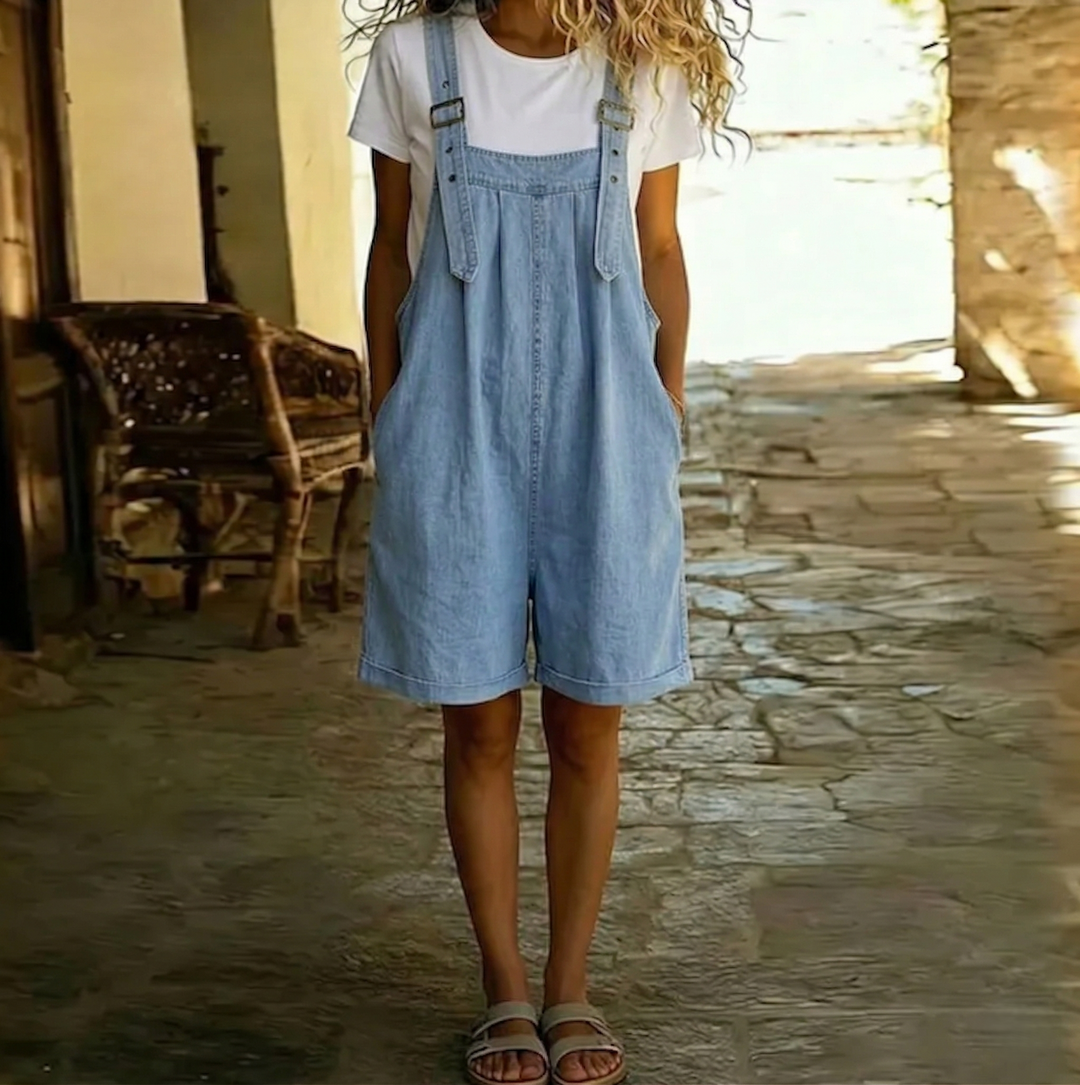 Clara | Salopette en Denim Effet Vintage Lavé Bleu Clair
