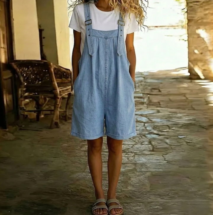 Clara | Salopette en Denim Effet Vintage Lavé Bleu Clair
