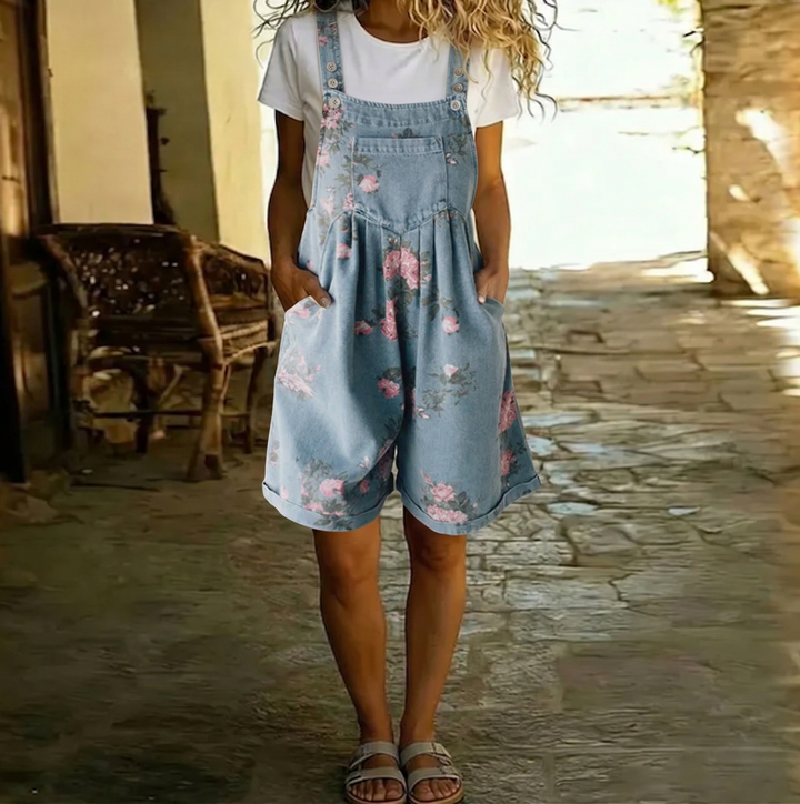 Judy | Jean Denim Lavé Vintage avec Sensation Douce Salopette Florale