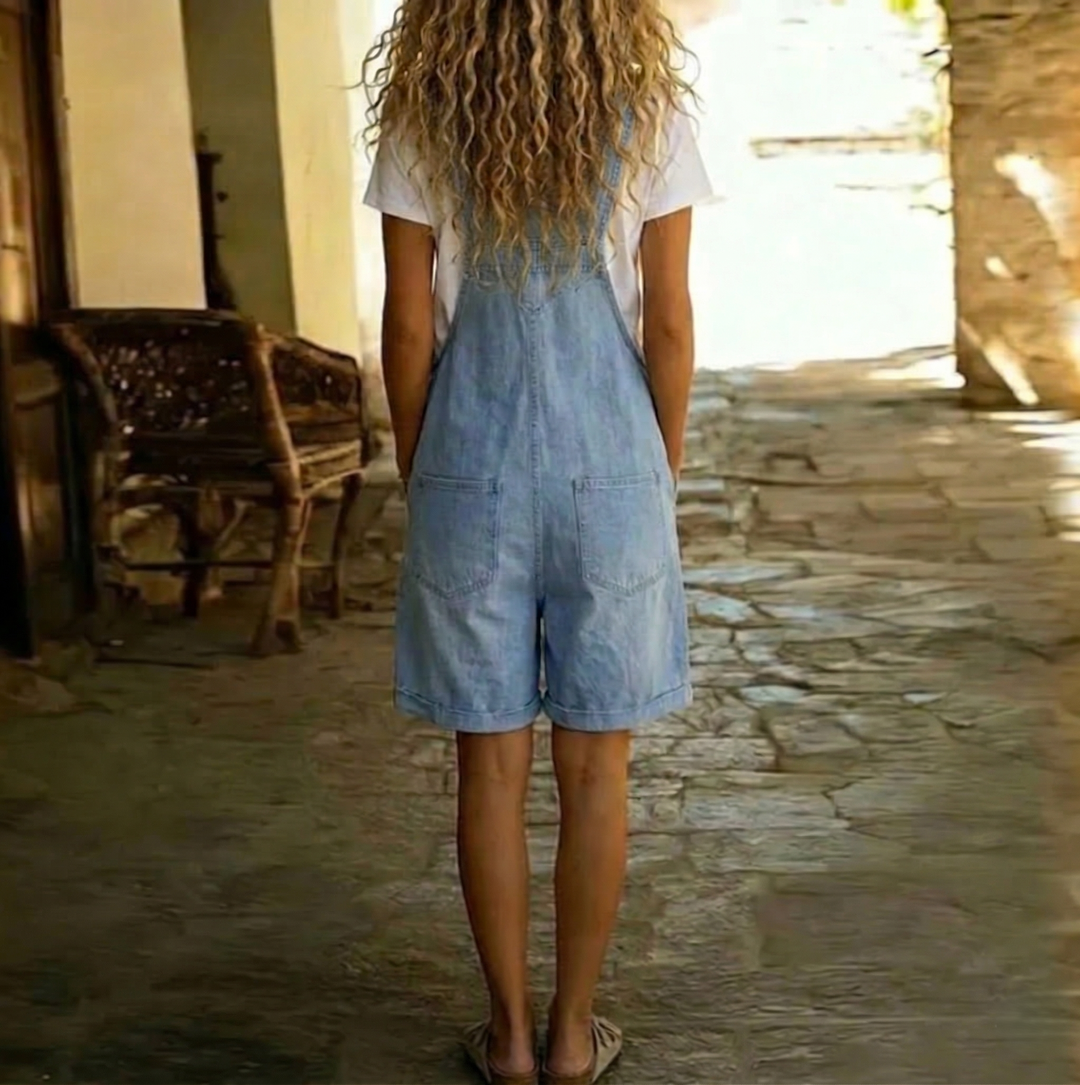 Clara | Salopette en Denim Effet Vintage Lavé Bleu Clair