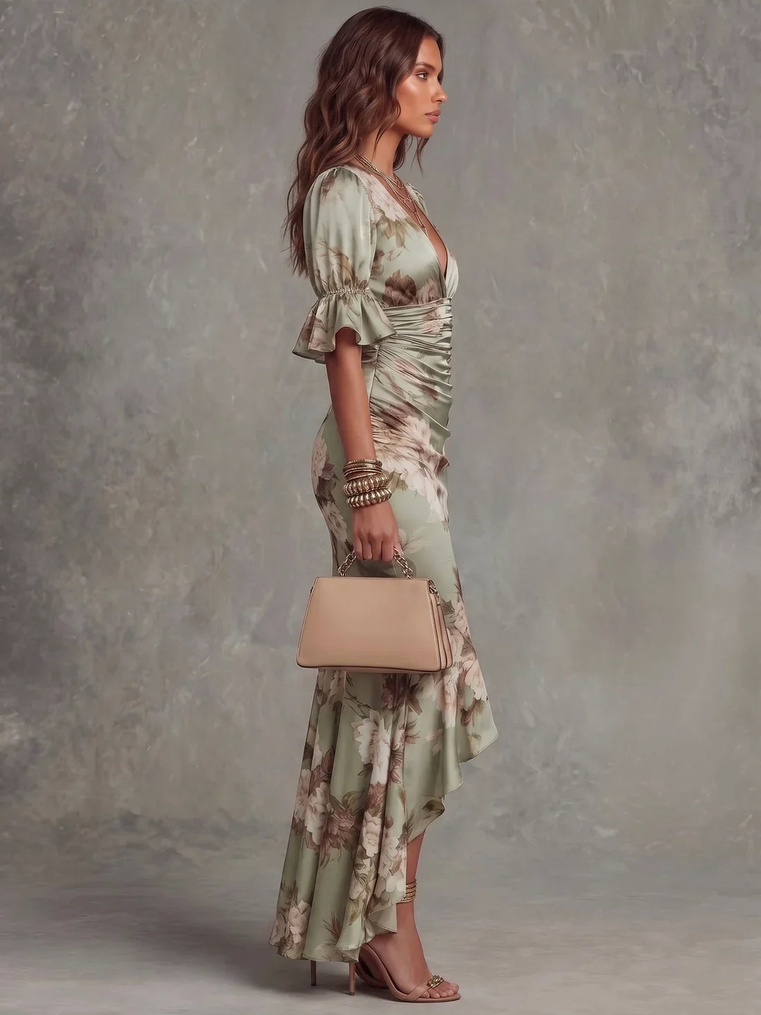 Floral Satin Ruched Maxi Dress with Ruffle Hem
