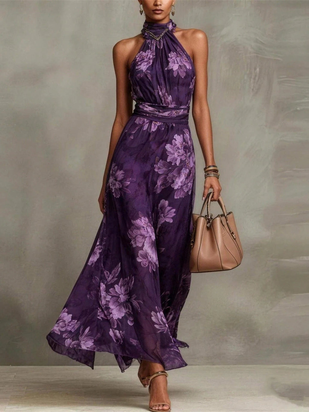 Leah - Green Floral Chiffon Maxi Dress with Halter Neckline