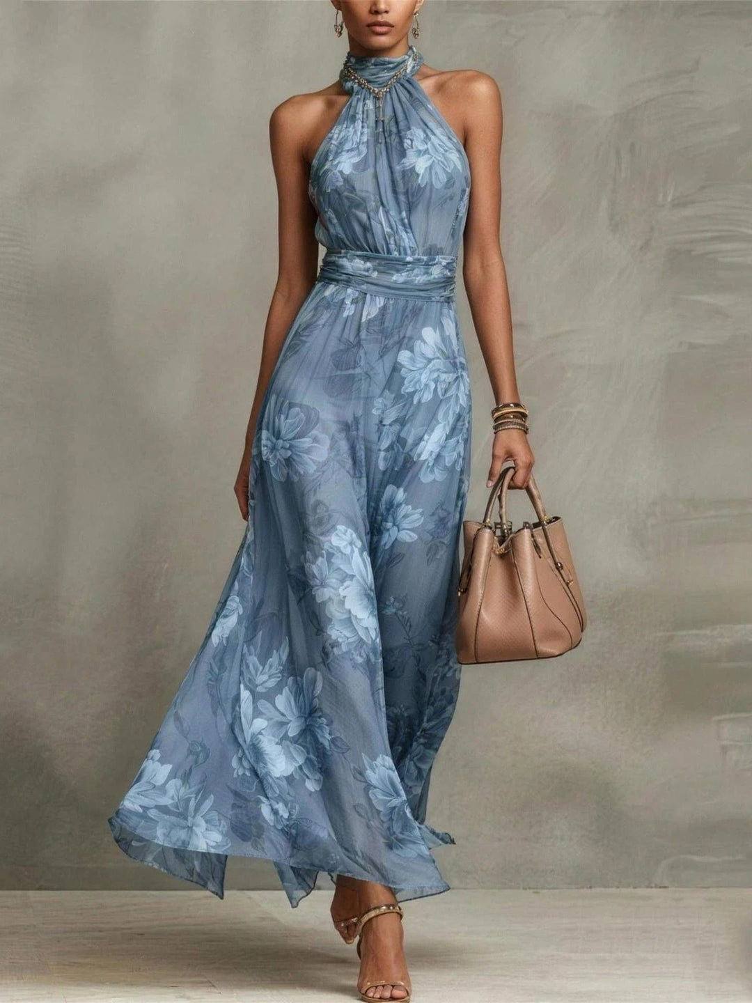 Leah - Green Floral Chiffon Maxi Dress with Halter Neckline