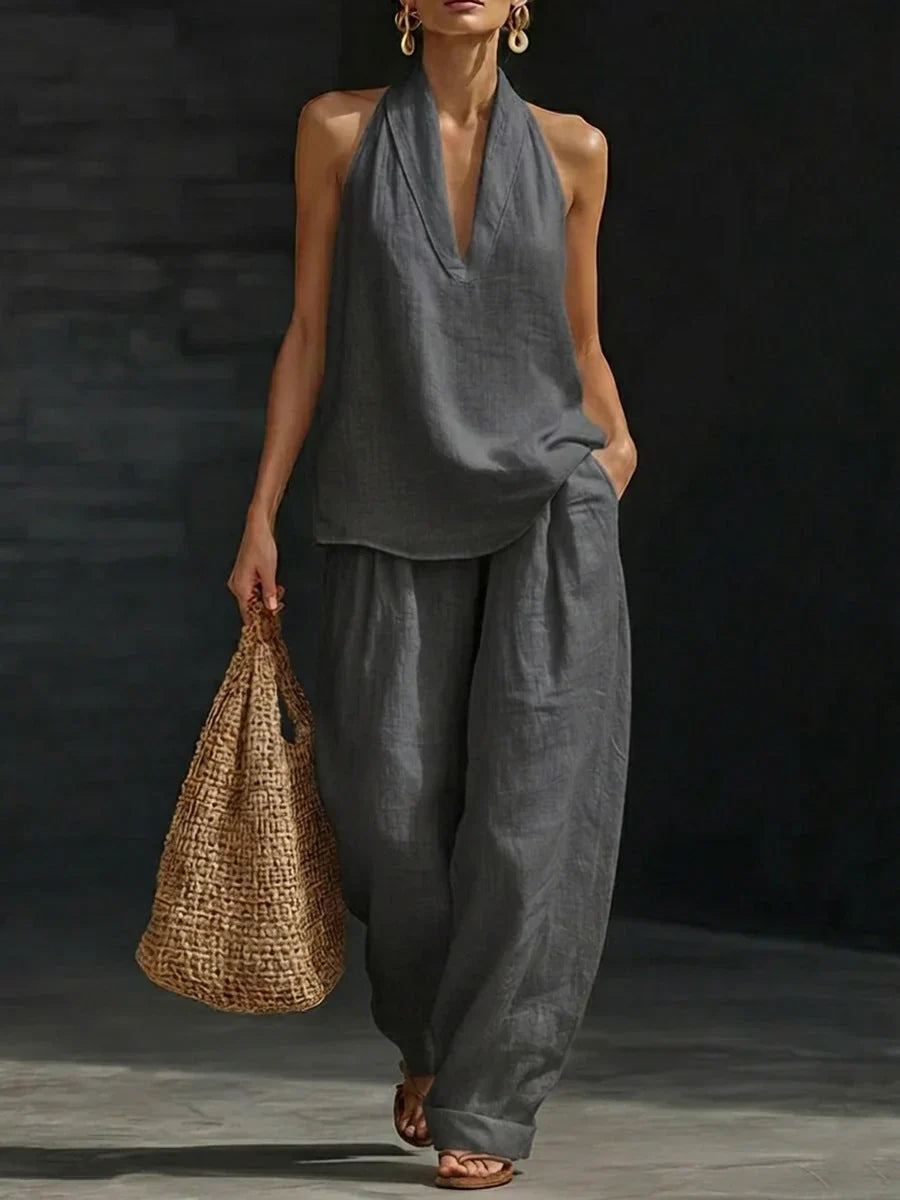 Andrea Ensemble sans Manches avec Pantalon Patte Large