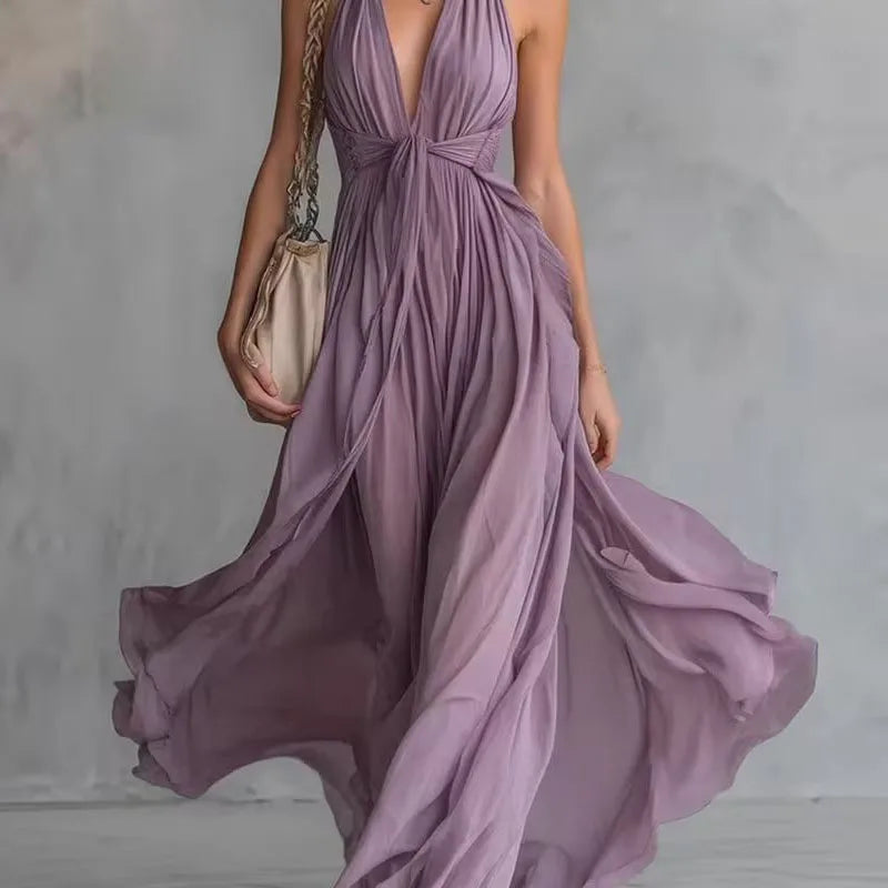 LILAC | Purple Maxi Dress Halter Draped Flowy Elegant Evening Style