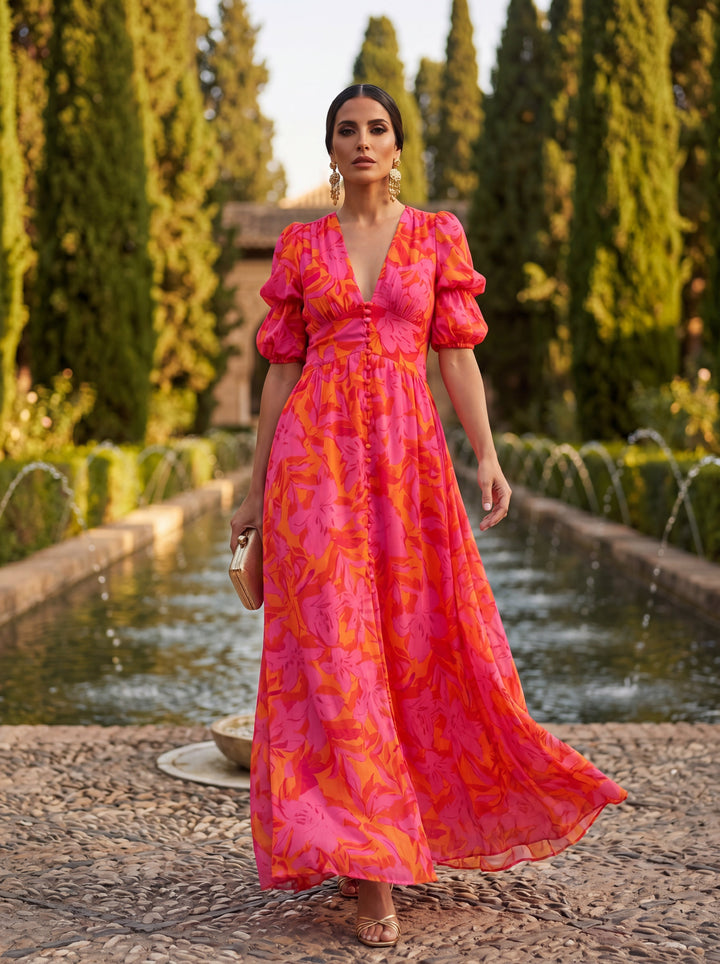 Robe Maxi Florale avec Manches Ballon et Décolleté V